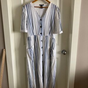 Chelsea and Theodore Lovely Blue and White Stripped Linen + viscose Dress Sz Med
